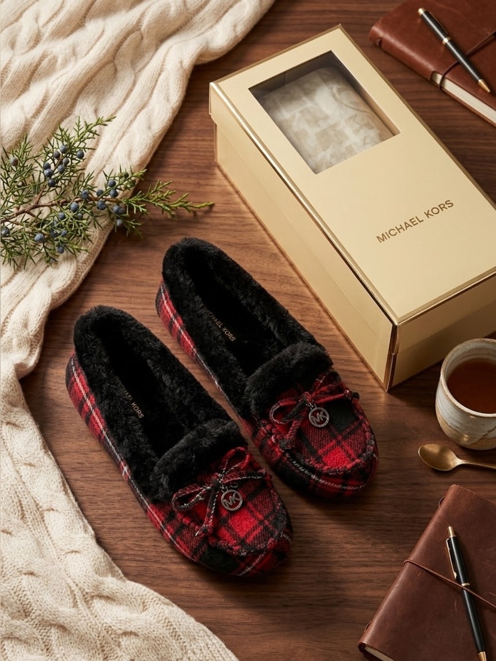 NIB Michael Kors Red Plaid Faux Fur Moccasin Slippers Size 9